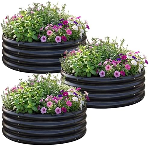 AHEONLAR 3 Pack 2x2x1 ft Round Galvanized Raised Garden Bed Kit Round Metal Flower Box Large Planter Raised Beds Outdoor Garden for Planting,Fruit,Herb Black by garden