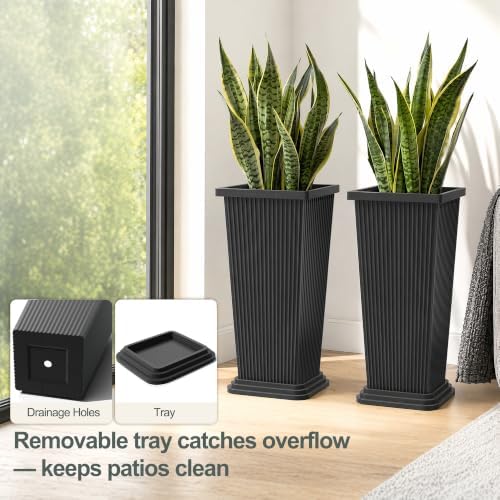 24" Set of 2 Tall Planters for Outdoor Plants, Black Striped - Image 2