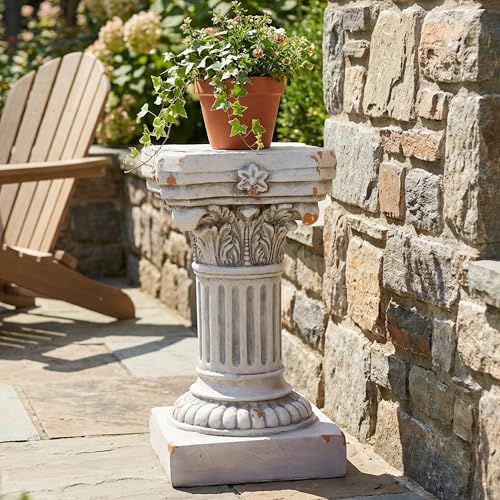 Merax 16.73" H Corinthian Pedestal Plant Stand, MGO Decorative Pedestal Side Table for Indoor Outdoor Entryway Garden Home, Antique White, No Assembly Needed - Image 3