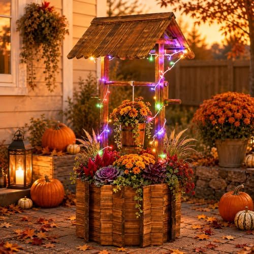 54" Outdoor Wooden Wishing Well Planter with Colorful LED Lights - Image 4