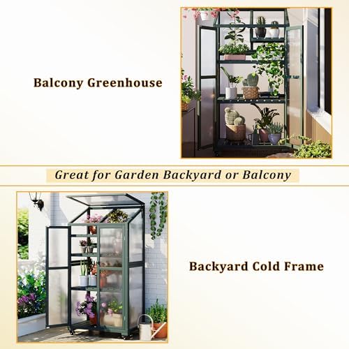 62" Tall Wooden Portable Greenhouse with Wheels, Adjustable Shelves, 3-Tier Cold Frame Plant Cabinet/ Indoor Outdoor Plant Stand, Rolling Mini Greenhouse for Patio, Balcony, Garden (Green) - Image 7