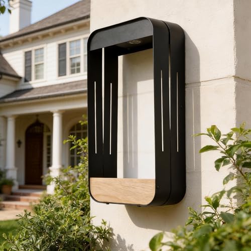 Pia Ricco Large Solar Wall Light with Planter Shelf, Extended Outdoor Waterproof Sconce with Woodgrain, Auto On/Off, Black for Garden, Patio, Fence - Image 7