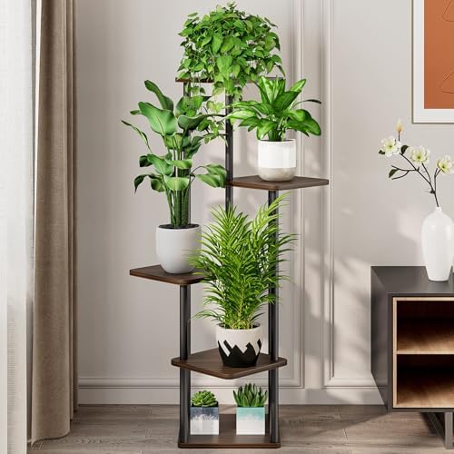 5 Tier Plant Stand Indoor, Thickened Metal Wood Corner Plant Shelf Stands for Multiple Plants, Indoor Tall Plants Stand Tiered Flower Holder for Living Room Patio Garden Balcony(Black+Oak) - Image 4