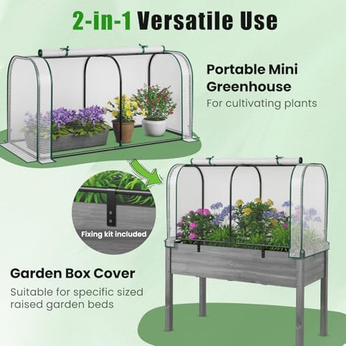 GIANTEX Raised Garden Bed with Cover, Wood Elevated Planter Box with Legs & Mini Greenhouse, Waterproof Sun-Protective PE Green House Cover, Outdoor Use for Fruit Vegetable Flower Herb (White+Gray) - Image 3