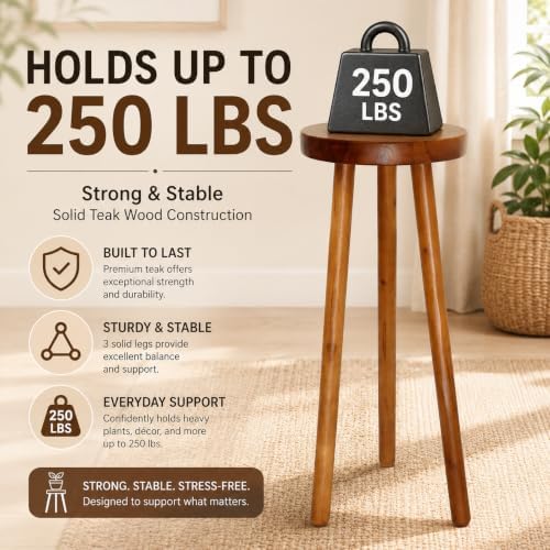 Teak Wood Plant Stand, 30" Round Side Table, Wood Accent Table - Image 6