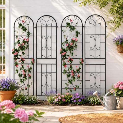 4-Pack 87" x 20" Ornate Scrollwork Arch Black Metal Garden Trellises - Image 4