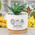 DreamAutumn Pack of 3 Planters Ceramic Sometimes Wet My Plants Ceramic Pots with Drainage Holes Round Flowerpot Bamboo Tray Plant Pots for Succuelnt and Little Snake Plants by DreamAutumn