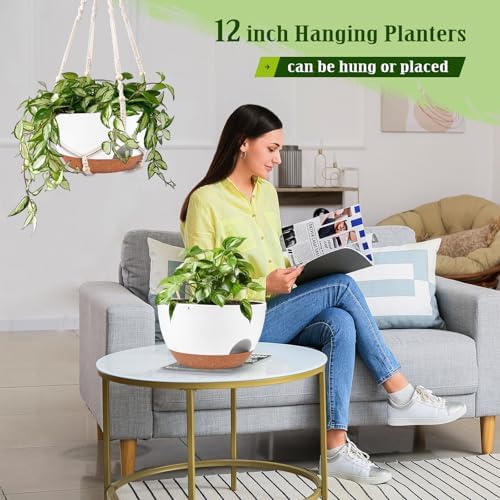 10 Inch Self Watering Hanging Planters with Metal Chain & Macrame Hangers - Image 5