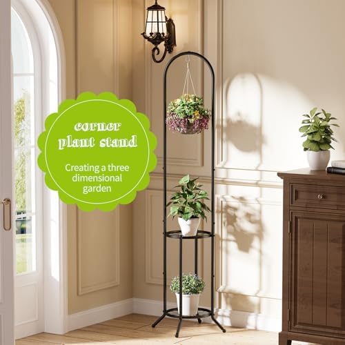 BMOSU Plant Stand with Hooks Indoor Outdoor Corner Tall Plant Stand Heavy-Duty Metal 3-Tier Plant Shelf Holder Rack for Patio Garden Balcony Living Room Bedroom(circular Black) - Image 5