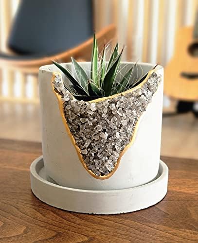 4 Inch Crystal Plant Pot with Saucer - Cement Geode Planter - Concrete Pots for Plants - Modern Succulent Pot Indoor - Unique Air Plant Holder - Candle Holder - Small Plant Home Decor (Smoky Quartz) - Image 5