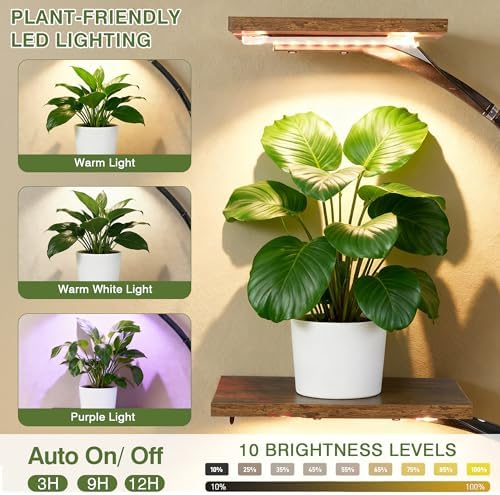 VECELO Plant Stand with LED Light, 10-Tier Indoor Plant Shelf with Supplemental Lighting, Metal Frame & Wood Shelves with Hanging Hooks, Space-Saving Plant Rack for Living Room or Corner Display - Image 2