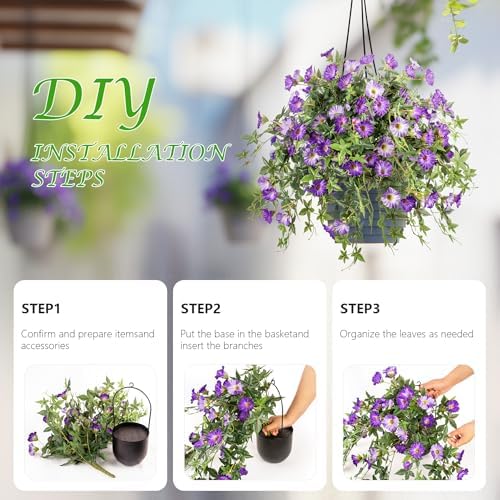 Artificial Flowers Artificial Petunias for Outdoors 2PCS Artificial Hanging Plants Outdoors Silk Flowers with Stems Outdoor Flowers Uv Resistant for Porch Decor Terrace Decor（Purple with Pot） - Image 5