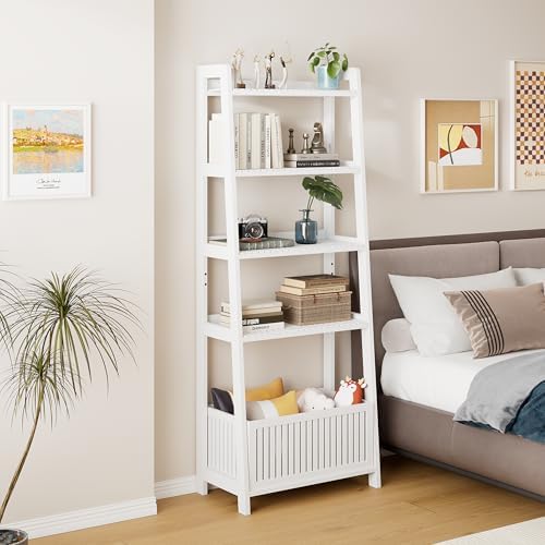 Bamjoy Bamboo White Bookshelf with Slatted Basket, Ladder Bookcase with 4 Display Shelves and 1 Open Storage Basket, Multifunctional Storage Rack Organizer for Home Office, Bedroom, Living Room, 66” H - Image 3