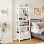 Bamjoy Bamboo White Bookshelf with Slatted Basket, Ladder Bookcase with 4 Display Shelves and 1 Open Storage Basket, Multifunctional Storage Rack Organizer for Home Office, Bedroom, Living Room, 66” H - Image 3