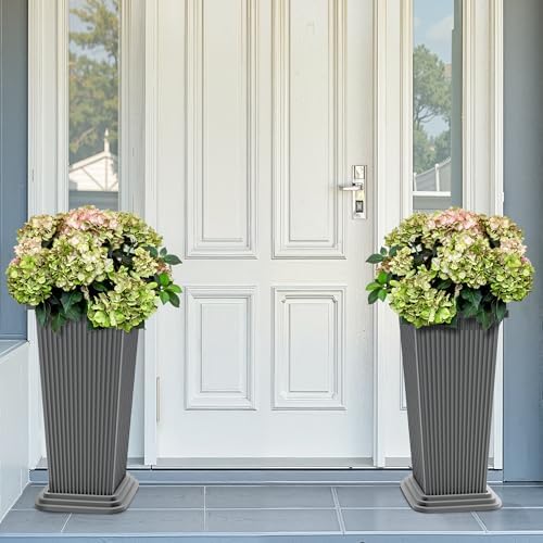 FENCY Set of 2 Tall Planters for Outdoor Plants, Gray Ribbed - Image 5