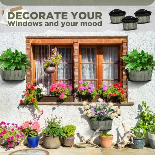 12 Pcs Wall Hanging Planters Outdoor Wine Barrel Planter Distressed Oak Thickened Plastic Water Storage Flower Pots for Plants Flower Indoor Outdoor Railing Fence (Green Color,10 Inch) - Image 4