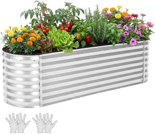 YITAHOME 8x2x2ft Galvanized Oval Raised Garden Bed, Metal Planter Box with Safety Rubber, Gloves, Outdoor Flower Bed for Planting Plants Vegetables, Silver by YITAHOME
