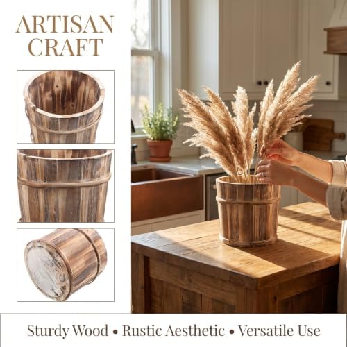 Lurrose Whiskey Barrel Planters: Wood Flower Pot, Rustic Wood Barrel Planter for Patio Garden Succulent Plants, 7.5" Wooden Flower Vase for Wedding Reception - Image 7