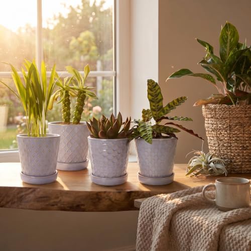 EFISPSS Ceramic Plant Pots, 5 Inch Planters with Drainage Holes and Ceramic Tray, Relief Design Flower Planter, Desktop Office Windowsill Decoration Gift Set of 4 - Lavender - Image 6