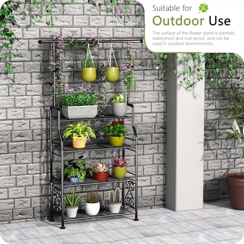 GIOTORENT Plant Stand Indoor Outdoor, 4-Tier Heavy Duty Metal Shelves, Display up to 17 Multiple Plants, Tall Plant Holder with Plant Hanger, Suit for Patio Living Room Garden Balcony, 5 Hooks, Black - Image 5