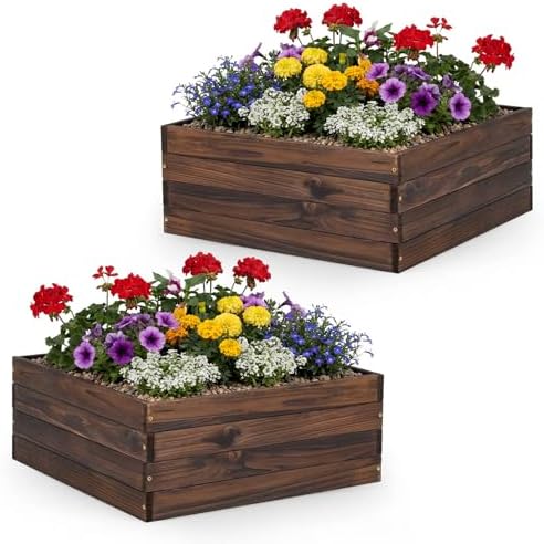 GIANTEX Wooden Raised Garden Bed Set 2, 23" x 23" Square Fir Wood Planter Box with Open-Ended Base for Vegetables Flowers Herb, Indoor Outdoor Elevated Planter Container for Patio Yard Garden Balcony by Giantex