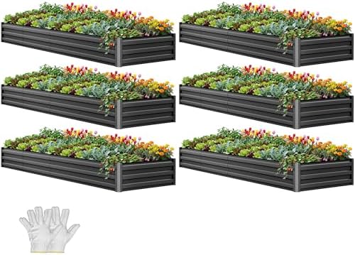 YITAHOME 6pcs 12x4x1 ft Galvanized Raised Garden Bed Kit, Large Metal Planter Box with Gloves, Safety Rubber & Support Rod, Outdoor Flower Bed for Plants Vegetables, Black by YITAHOME