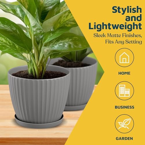 Gray 6-Inch Plant Pots with Drainage & Saucers 18 Pack, Indoor & Outdoor Planters for Houseplants, Herbs, and Flowers, Durable & Weatherproof Material, Stackable, Lightweight, Minimalist Design - Image 3