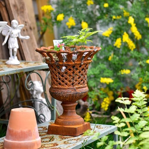 Sungmor Cast Iron Rust Urn Planter - 10 Inches Hollow Trophy-Shaped Design - Image 4