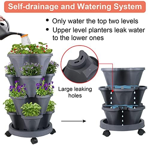 GameXcel Vertical Planter Tower - 4 Tier Stackable Garden Planters with Wheels and Tools Plant Pots for Strawberry Herb Flower and Vegetable Indoor Outdoor Use Dark Gray - Image 4