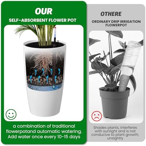 Self-Watering Tall Planter Set – 2 Large 21.7" Plastic Flower Pots with Drainage, Water Level Gauge, Built-in Handle – for Indoor & Outdoor, Patio, Porch, Living Room, Office – White - Image 7