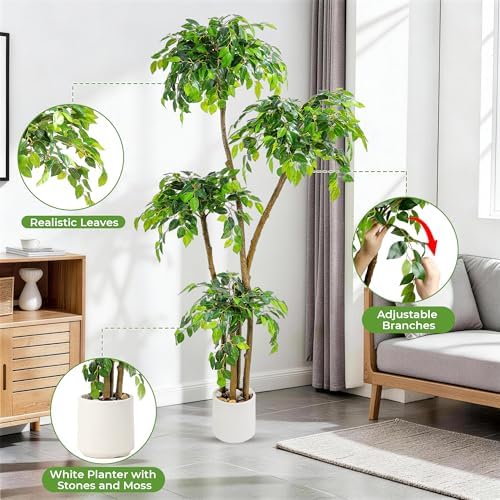 6FT Artificial Ficus Tree with White Planter, Moss and Pebbles - Image 4