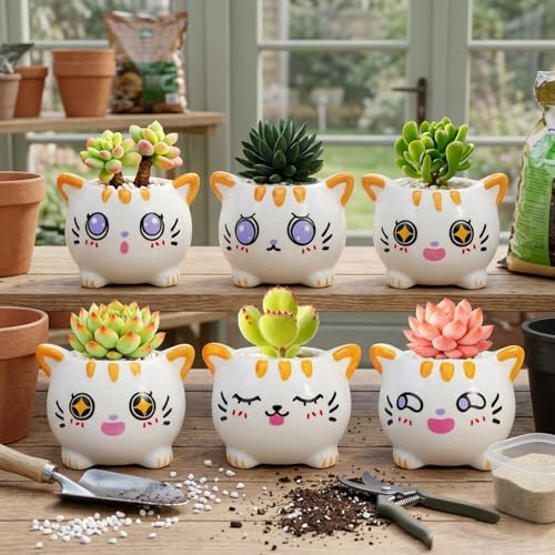 6 Pcs Cartoon Animal Succulent Pots with Drainage - Cute Ceramic Mini Cat Planters for Small Plants, Cactus, Air Plants - Decorative Animal Flower Pots for Indoor Desk, Home Decor - Image 5