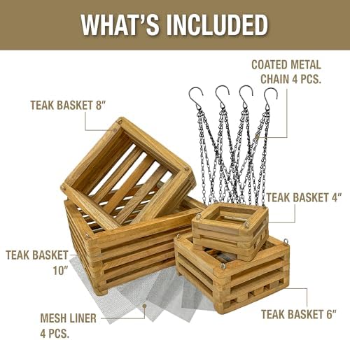 Teak Orchid Hanging Basket Set (4 Pack) – Solid Teak Wood Orchid Planters – Handmade Hanging Baskets for Vanda Orchids & Air Plants (Square) - Image 3