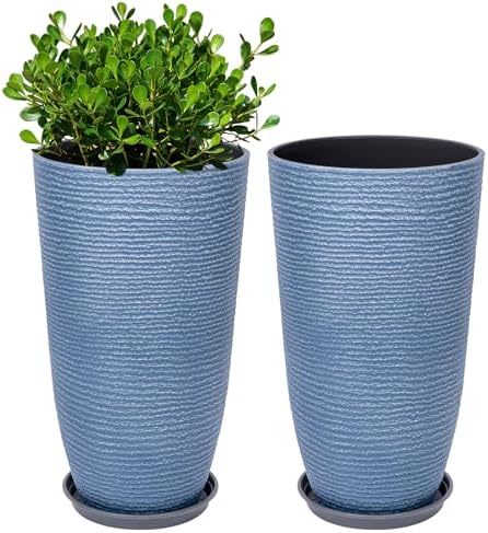 QCQHDU Set of 2 9 Gallon Tall Large planters for Outdoor/Indoor Plants of 12" Dia x 21" H Round Flower Pots Set Faux Stone Finish Front Door Patio Square Porch Planters with Tray, Sky Blue by QCQHDU