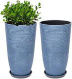 QCQHDU Set of 2 9 Gallon Tall Large planters for Outdoor/Indoor Plants of 12" Dia x 21" H Round Flower Pots Set Faux Stone Finish Front Door Patio Square Porch Planters with Tray, Sky Blue by QCQHDU