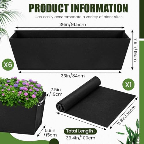 HunnmingRe 6 Pack 36 Inch Fabric Plant Window Box Liners Rectangular Non-Woven Planter Basket Liner Black Felt Flower Hanging Basket for Outdoor Garden Hanging Planter Flower (Avoid Birds Nesting) - Image 2