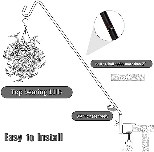 Juegoal 2 Pack Heavy Duty Deck Hook with 2 Inch Non Slip Clamp, 25 or 36 Inch Extended Reach Deck Hook, Adjustable Rail Pole Plant Bracket for Hanging Bird Feeder, Suet Baskets, Lanterns, Wind Chimes - Image 5