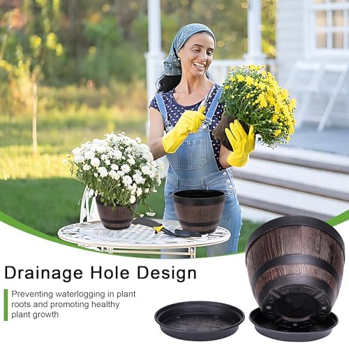 VECELO Plant Pots with Drainage Holes & Saucer, 9 Inch Flower Pots with Tray, 3 Pack Plastic Whiskey Barrel Planters for Indoor & Outdoor Garden Home Plants and Flowers - Image 5