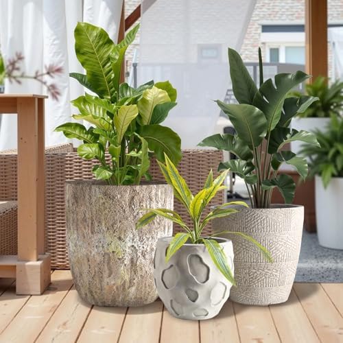 Round Concrete Style Planter Set of 3, Large Outdoor Flower Pots with Drainage, Stone Texture Plant Pots for Indoor Outdoor Garden, Patio & Balcony Décor (3, Sandstone) - Image 3