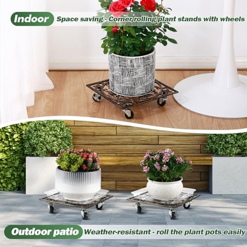 2 Packs 12" Square Metal Plant Caddy with Wheels Large Heavy-Duty Cast Iron Planter Dolly Pot Mover, Indoor Outdoor Vintage Rolling Plant Stands with Casters Wheeled Plant Roller Base, Rustproof Bronze - Image 5