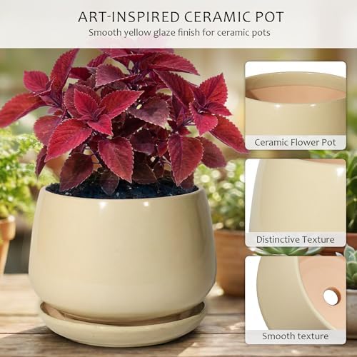 10.3 Inch Ceramic Planter with Saucer,Modern Garden Pots with Drainage Hole Mesh Net, for Indoor Outdoor Use (Pink Yellow) - Image 3