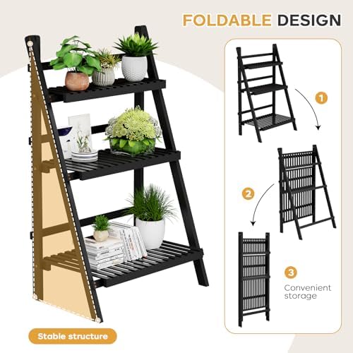39.4" Foldable Ladder Shelf Plant Shelf, 3 Tier Bamboo Ladder Bookshelf - Image 4
