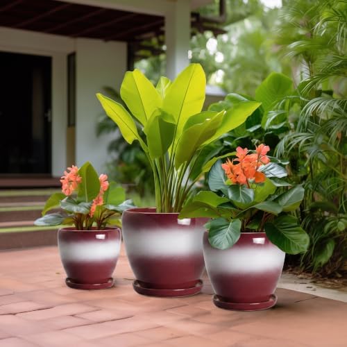 Ceramic 10+8+6 Inch Flower Pots, Ceramic Plant Pot, Red-White - Image 5