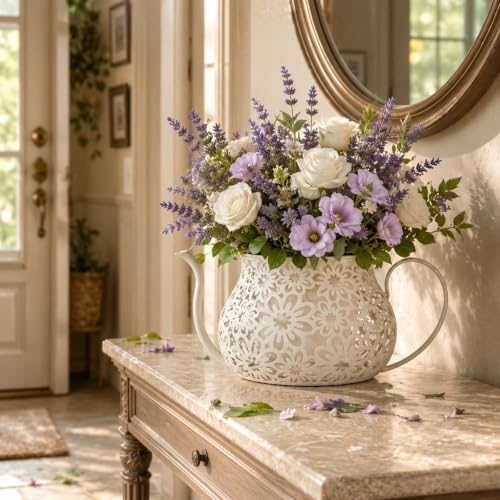 White Antique Metal Teacup Planter for Outdoor Plants Teapot Planter Floral Hollow Out Decorative Rustic Iron Flower Pot for Summer Garden Patio Home Decor - Image 7