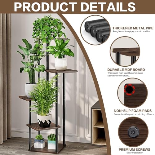5 Tier Plant Stand Indoor, Thickened Metal Wood Corner Plant Shelf Stands for Multiple Plants, Indoor Tall Plants Stand Tiered Flower Holder for Living Room Patio Garden Balcony(Black+Oak) - Image 3