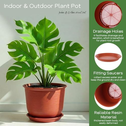 2 Pack 14 Inch Plastic Large Terracotta Plant Pot with Drainage Hole and Saucer Large Plant Tree Pots Flower Tree Containers for Indoor Outdoor Gardening Front Porch Patio Yard or Deck - Image 3