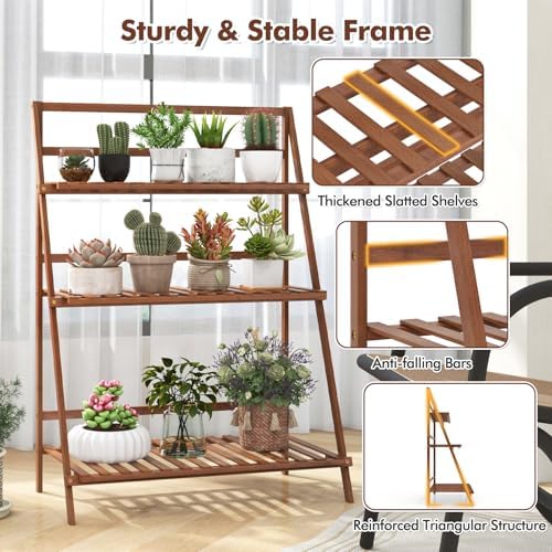 Casart Foldable Bamboo Ladder Shelf, Multifunctional Storage Rack, Plant and Flower Display Stand for Home and Office - Image 6