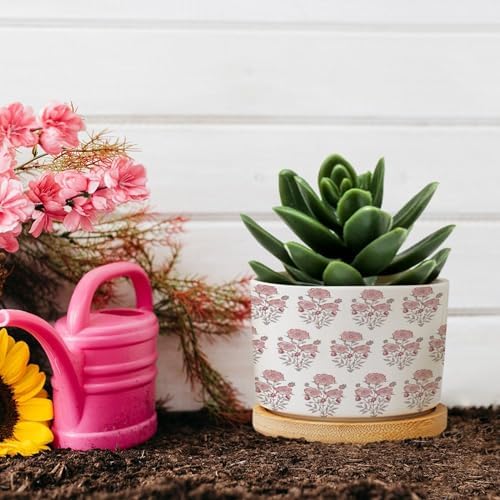Mughal Flower Ceramic Planters Pink Flower Planters for Indoor Plants with Drainage Holes and Saucers Pot for Indoor Outdoor Garden - Image 5