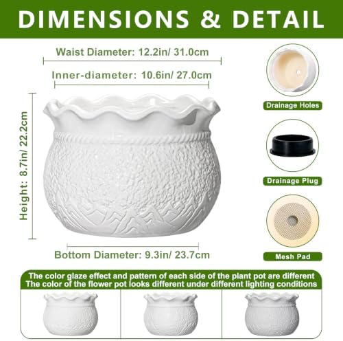 Ceramic Indoor Flower Pot, 12 Inch Ceramic Planter, White - Image 2