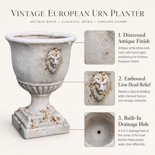 16.5 Inch Tall Antique White Urn Planter with Drainage, Vintage Rustic Outdoor Flower Pot, Pedestal Floor Planter for Patio, Front Porch, Garden, Entryway and Indoor Decor - Image 3